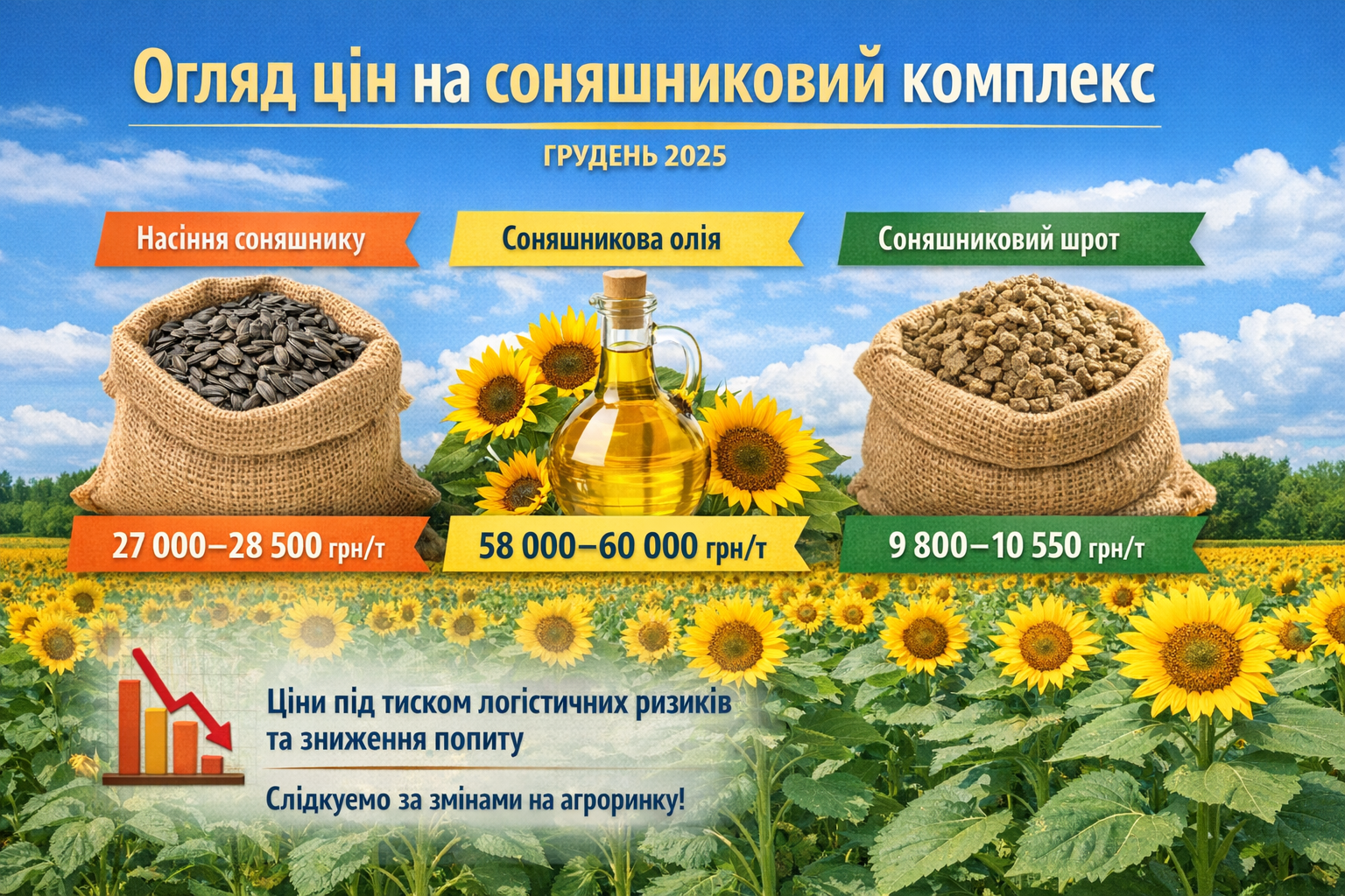 Огляд реальних цін на насіння соняшнику, соняшникову олію та шрот у грудні 2025 року