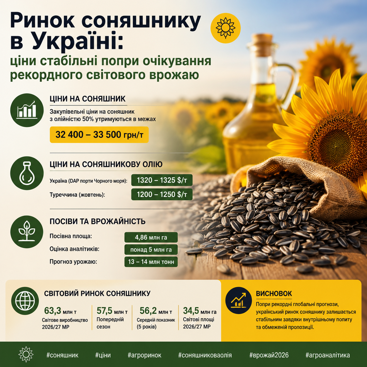 Ціни на соняшник в Україні залишаються стабільними попри очікування рекордного світового виробництва