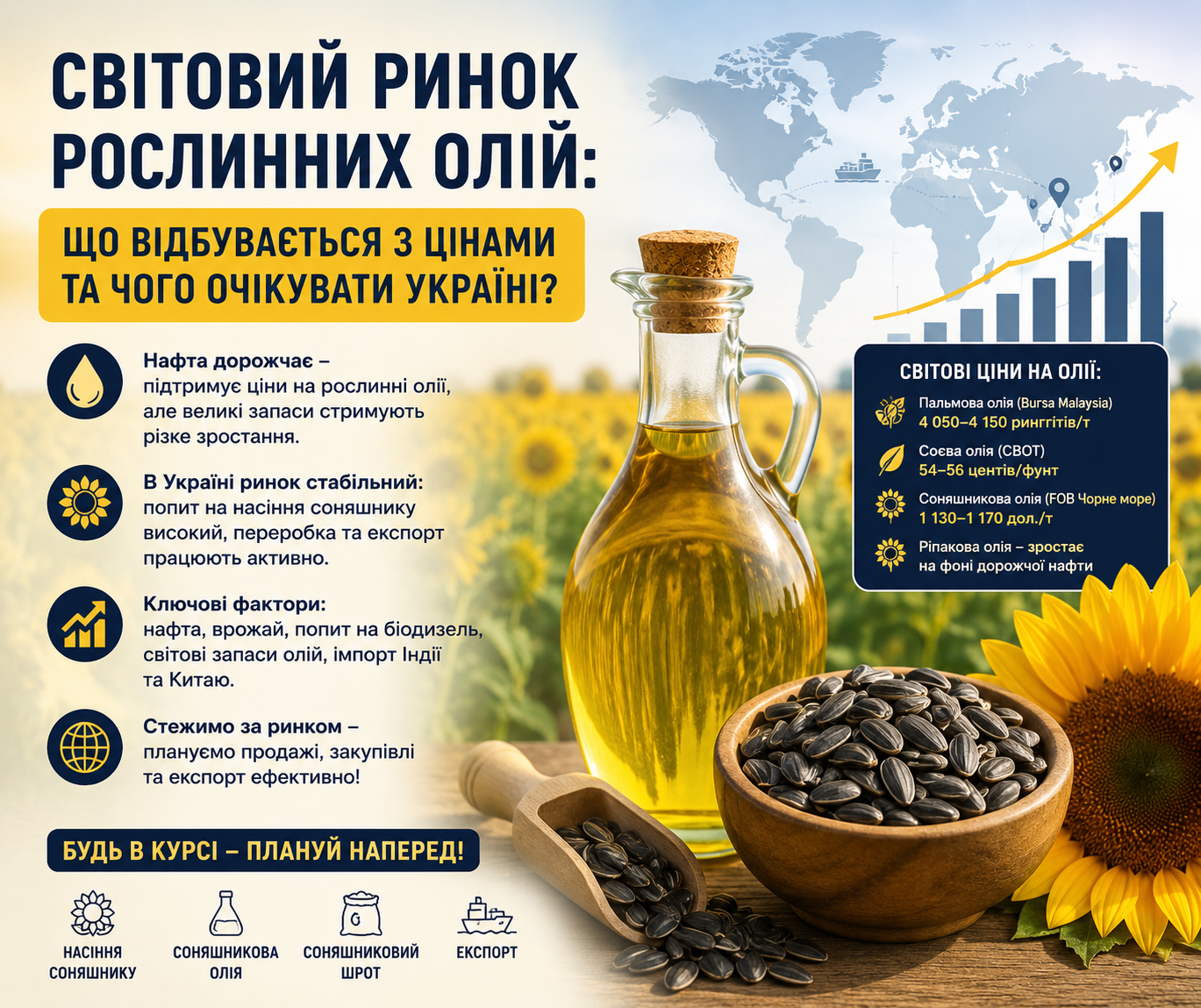 Світовий ринок рослинних олій: як подорожчання нафти впливає на ціни в Україні та світі Світовий ринок